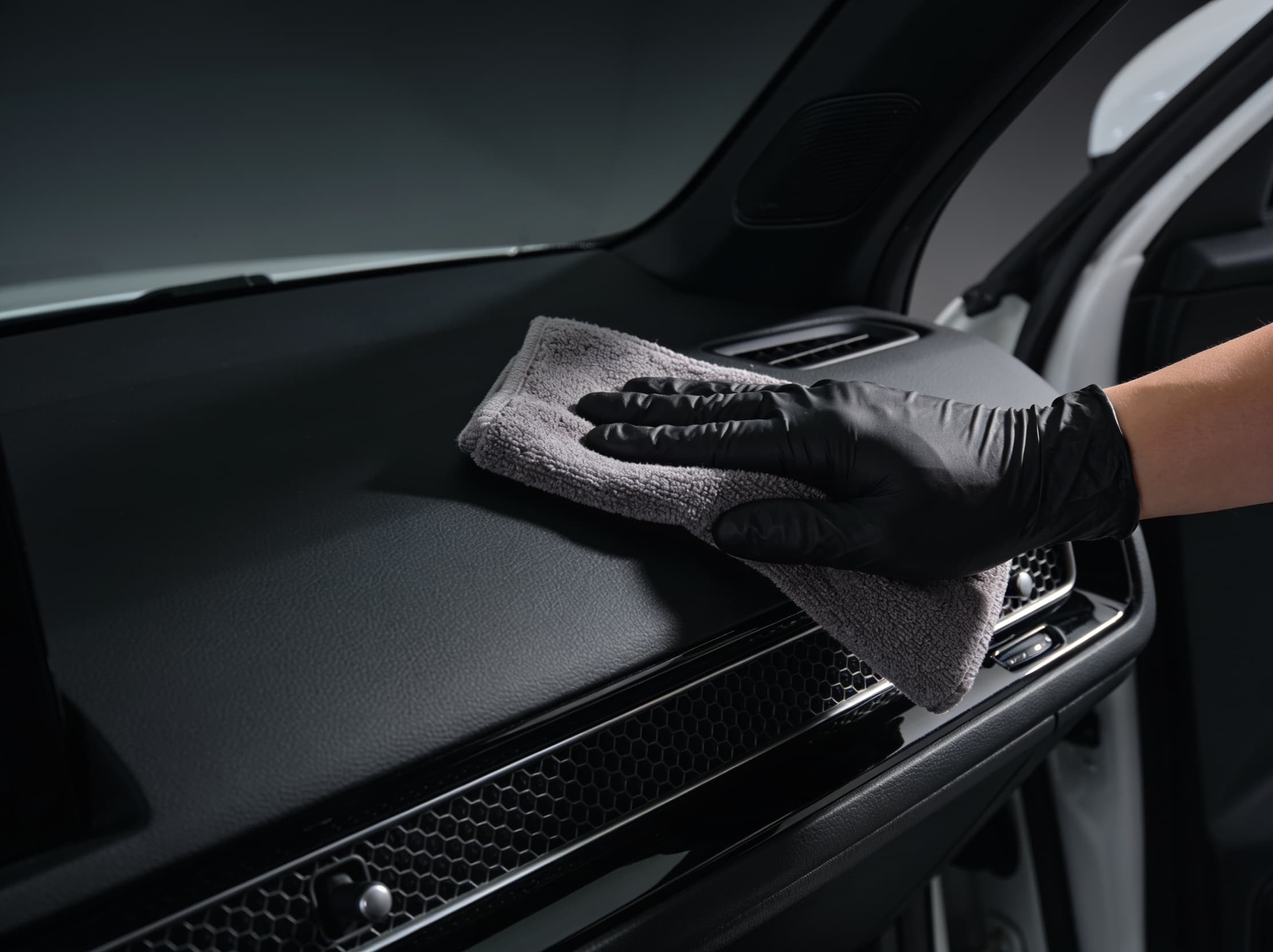 A gloved hand detailing a black leather dashboard with a microfibre cloth