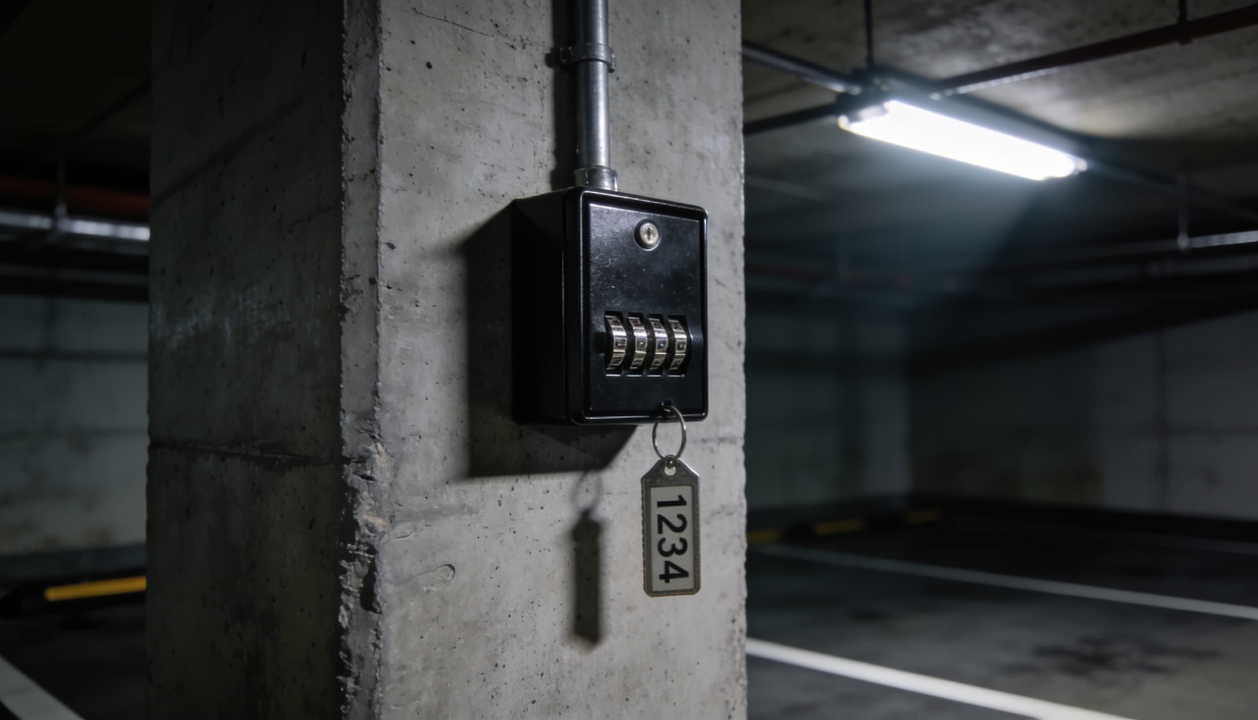 A matte-black key lockbox on a concrete pillar with a coded key tag